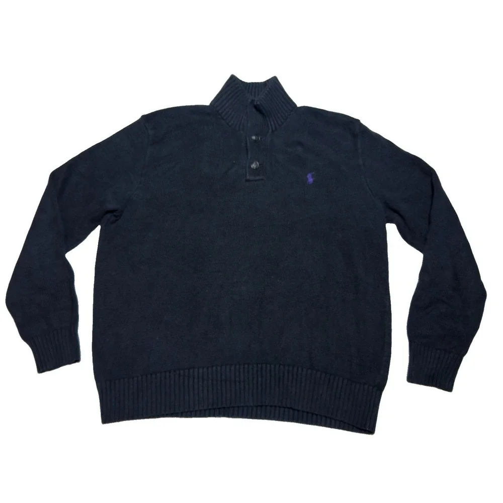 Polo Ralph Lauren Large Knit Sweater Black 1/4 Button Mock Neck Purple Pony